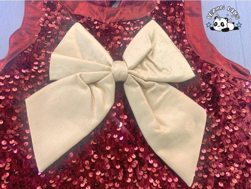 LEZONKIDS - Hot Sale Sleeveless Sequined Customized Color Red Party Elegant Bow Velvet Girls Dresses for Winter